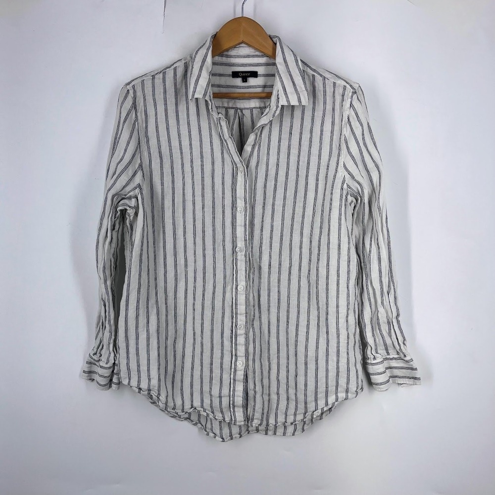 Quince 100% European Linen Long Sleeve Striped Shirt Oatmeal Black Large CMA01